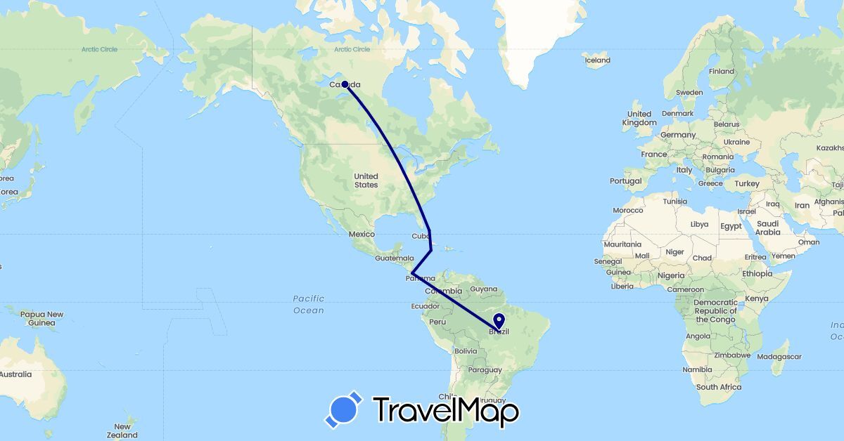 TravelMap itinerary: driving in Brazil, Bahamas, Canada, Costa Rica, Jamaica (North America, South America)