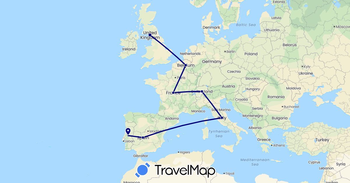 TravelMap itinerary: driving in Belgium, Switzerland, Spain, France, United Kingdom, Italy, Portugal (Europe)